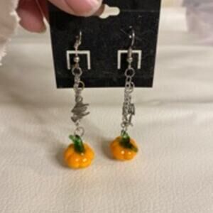 Handmade Upcycled Halloween Pumpkin Witch Skeleton Dangle Earrings